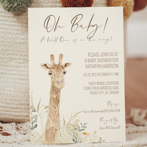 Wild One Giraffe Daisy Floral Gender Neutral Baby  Invitation