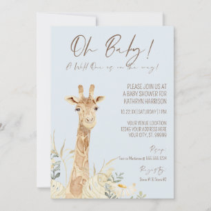 Wild One Giraffe Floral Pastel Blue Boy Baby Invit Invitation