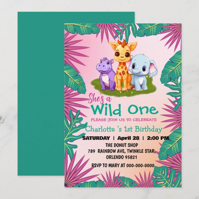 Wild One Giraffe Hippo jungle 1st Animal Birthday Invitation (Front/Back)