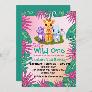 Wild One Giraffe Hippo jungle 1st Animal Birthday Invitation