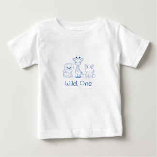 "Wild One" Giraffe, Lion, Hippo Blue Outline Baby T-Shirt
