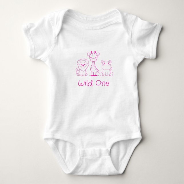 "Wild One" Giraffe, Lion, Hippo Pink Outline Baby Bodysuit (Front)