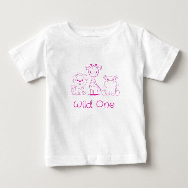 "Wild One" Giraffe, Lion, Hippo Pink Outline Baby T-Shirt (Front)
