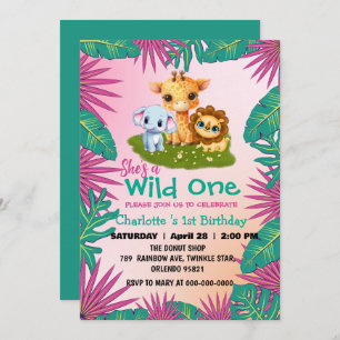 Wild One Giraffe lion jungle 1st Animal Birthday Invitation