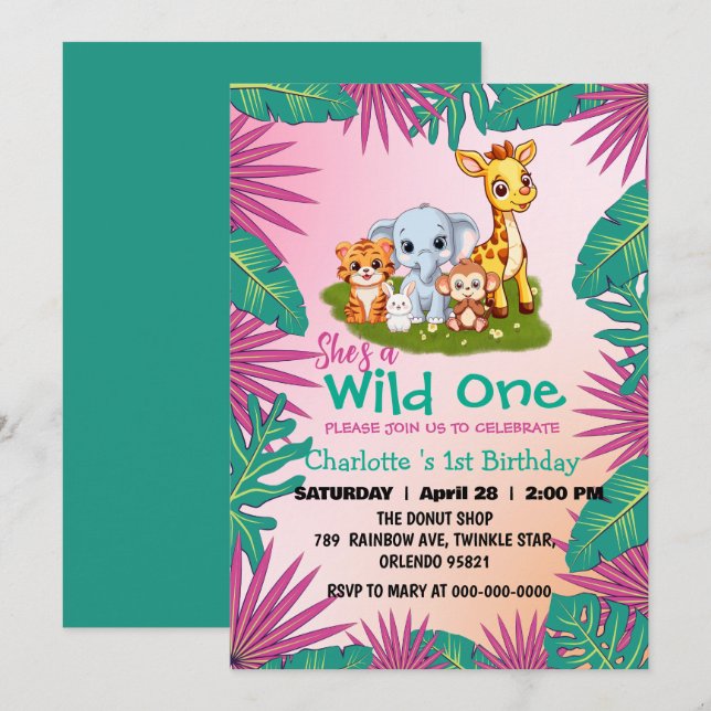 Wild One Giraffe monkey jungle 1st Animal Birthday Invitation (Front/Back)