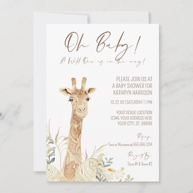 Wild One Giraffe White Floral Gender Neutral Baby  Invitation (Front)