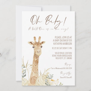 Wild One Giraffe White Floral Gender Neutral Baby Invitation