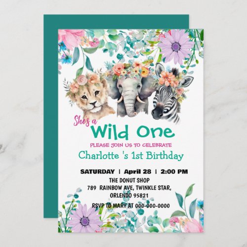 Wild One Giraffe zebra jungle 1st Animals Birthday Invitation