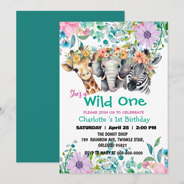 Wild One Giraffe zebra jungle 1st Animals Birthday Invitation (Front/Back)