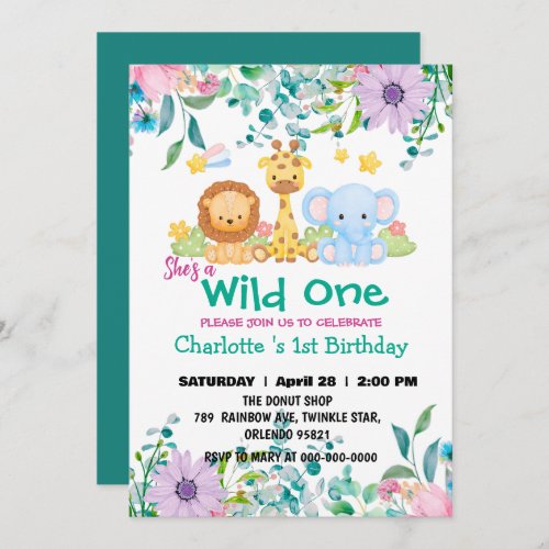 Wild One Giraffe Zoo jungle 1st Animals Birthday Invitation
