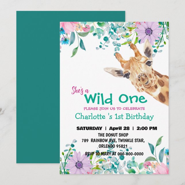 Wild One Giraffe Zoo jungle 1st Animals Birthday Invitation (Front/Back)