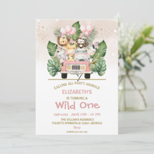 Wild One Girl 1st Birthday Jungle Safari Animals Invitation