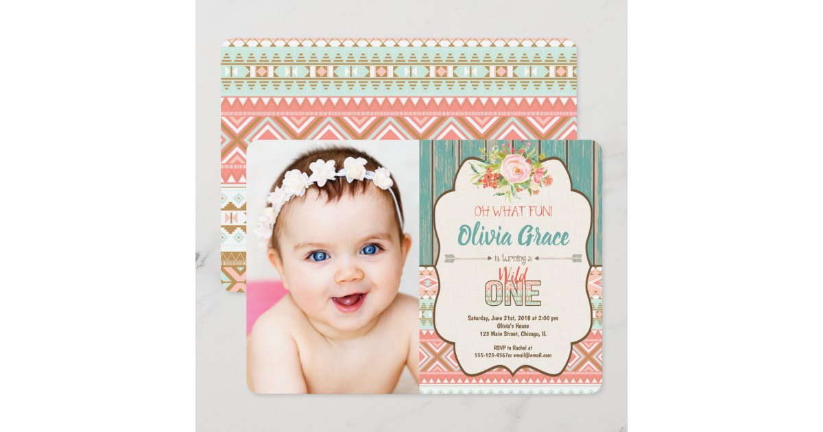 Wild one girl 1st birthday photo invitation | Zazzle