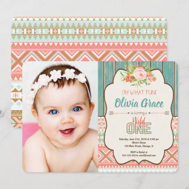 Wild one girl 1st birthday photo invitation | Zazzle