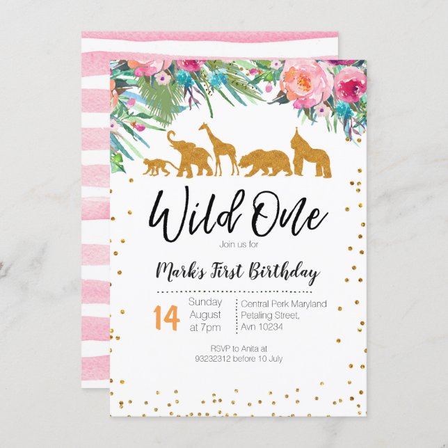 Wild One Girl Birthday Invitation Jungle Animals (Front/Back)