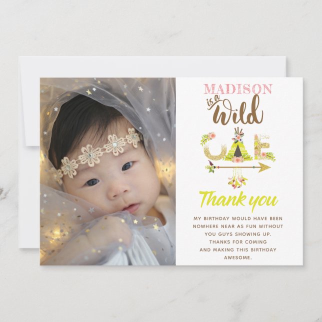 Wild One Girl Birthday Thank you Gold Glitter (Front)