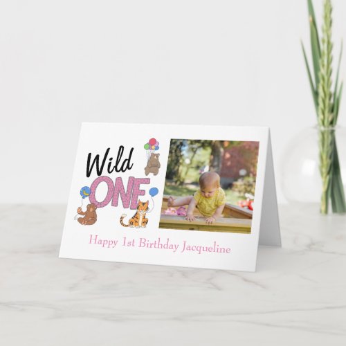 Wild One Girl First Birthday Jungle Animals Photo Card