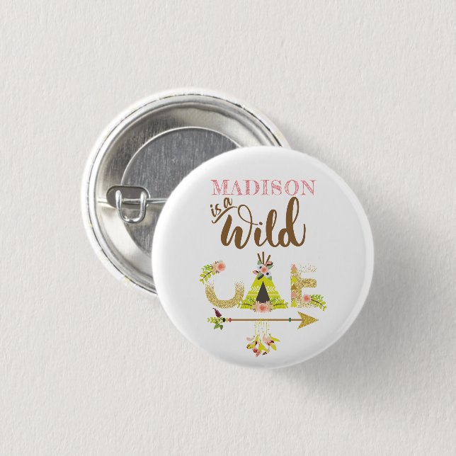 Wild One Girl First Birthday Personalized Button (Front & Back)