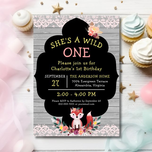 WILD ONE Girl Fox First Birthday Invitation (Creator Uploaded)