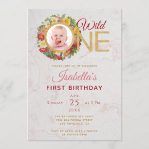Wild One Girl Photo in Rose Wreath First Birthday Invitation