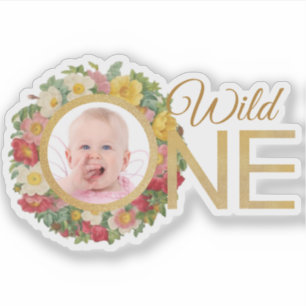 Wild One Girl Photo Rose Wreath First Birthday Sticker