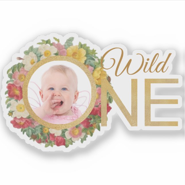 Wild One Girl Photo Rose Wreath First Birthday Sticker (Front)