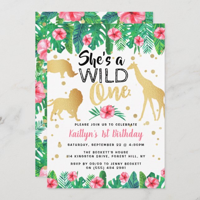 Wild One Girls First Birthday Party Invitations (Front/Back)