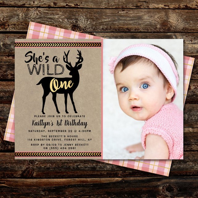 Wild One Girls Photo First Birthday Invitations (Creator Uploaded)