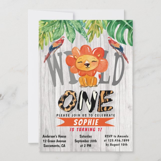 Wild One Girls Watercolor Safari Lion 1st Birthday Invitation (Front)