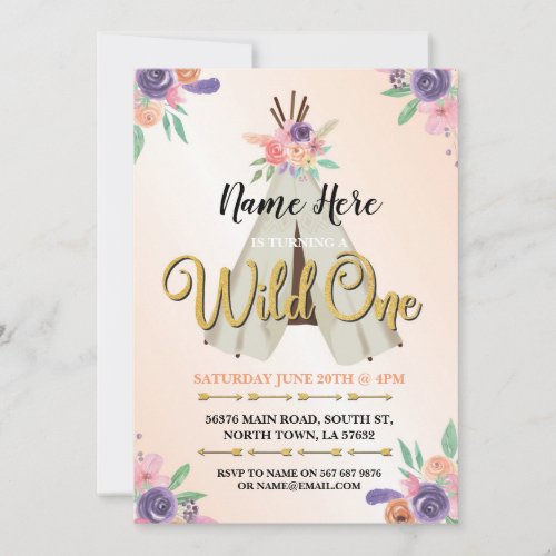 Wild One glitter Girls 1st Birthday ONE Invite