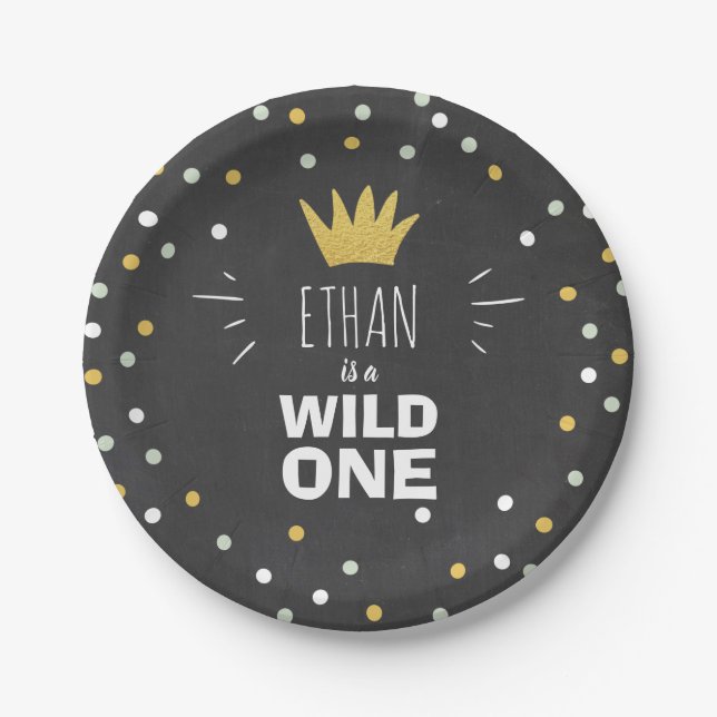 Wild One Gold Black First birthday Paper Plates (Front)