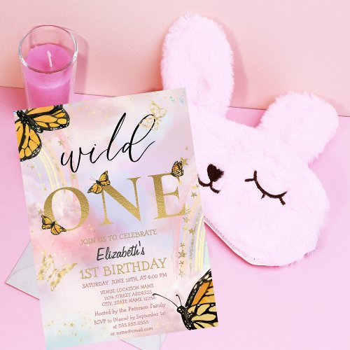 Wild One Gold Butterflies Rainbow Birthday  Invitation