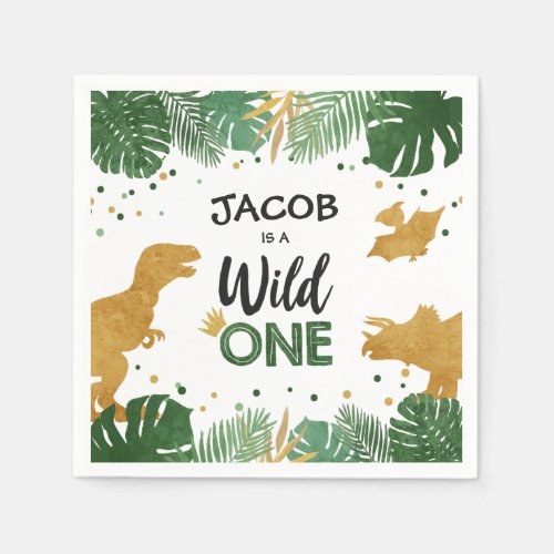 Wild One Gold Dinosaur Boy Birthday Safari Napkins