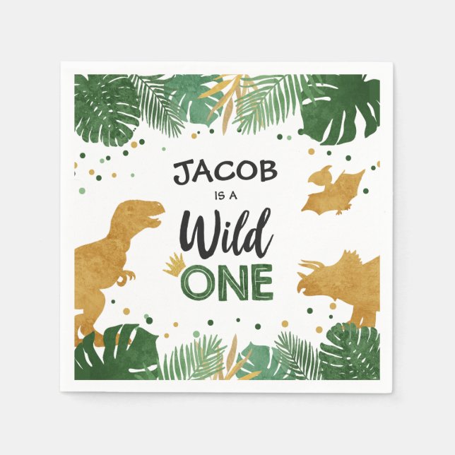 Wild One Gold Dinosaur Boy Birthday Safari Napkins (Front)