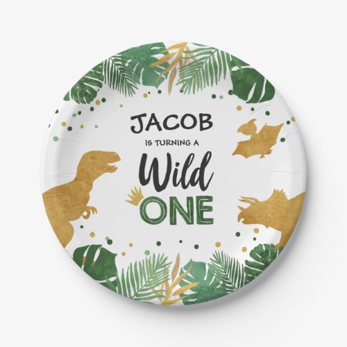 Wild One Gold Dinosaur Boy First Birthday Safari Paper Plates