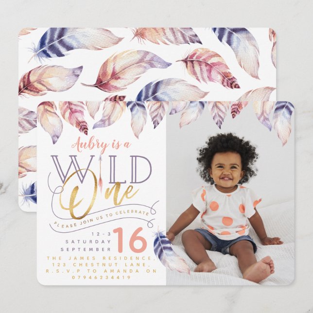 Wild one gold effect photo birthday invitation. invitation (Front/Back)