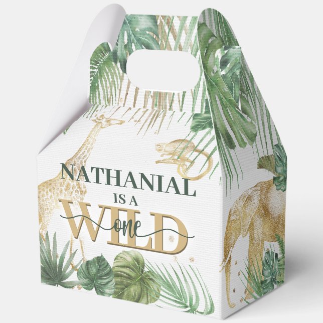 🌿🦁 Wild One Gold Green Birthday Favor Boxes (Front)