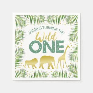 Wild One Gold & Green Safari Animals 1st Birthday Napkins