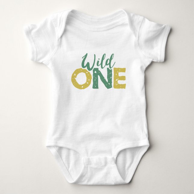 Wild One Gold Green Safari Animals Jungle Birthday Baby Bodysuit (Front)