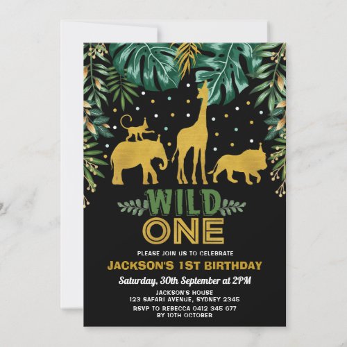 Wild One  Gold Jungle Safari Animals 1st Birthday Invitation