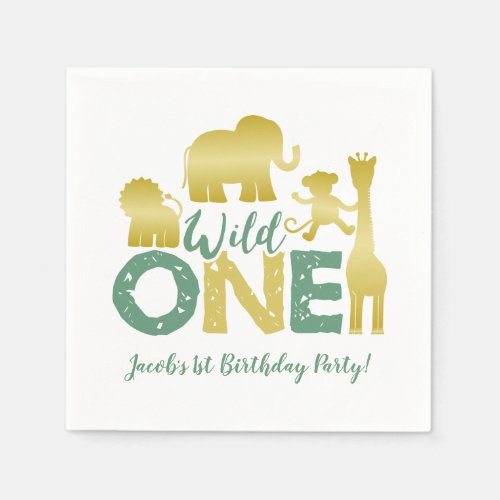 Wild One Gold Safari Animals 1st Birthday Napkins