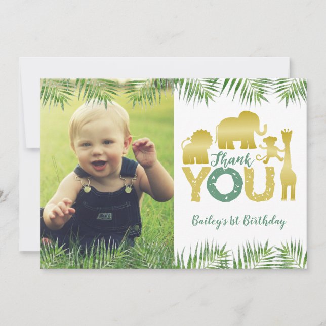 Wild One Gold Safari Animals Thank You Card (Front)