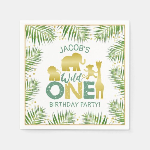 Wild One Gold Safari Animals Tropical 1st Birthday Napkins