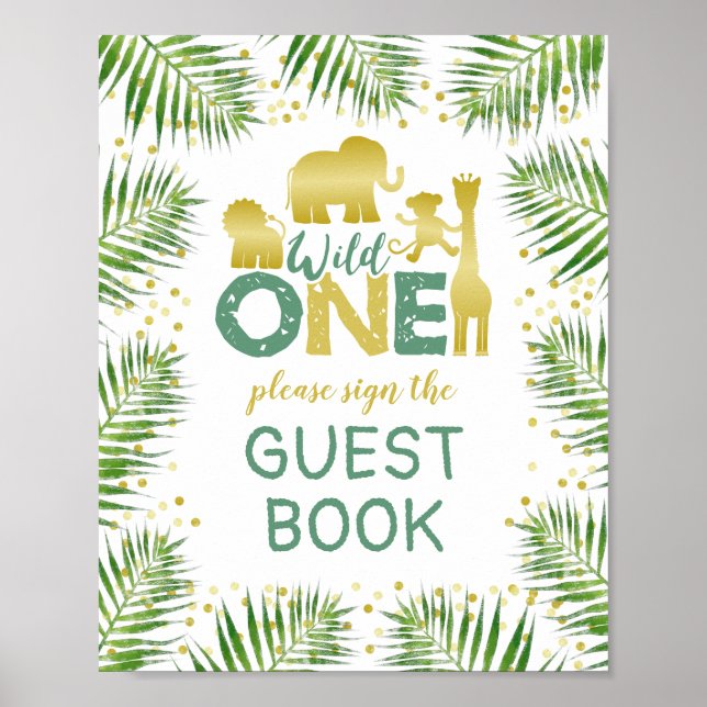 Wild One Gold Safari Baby Shower Guest Book Sign (Front)