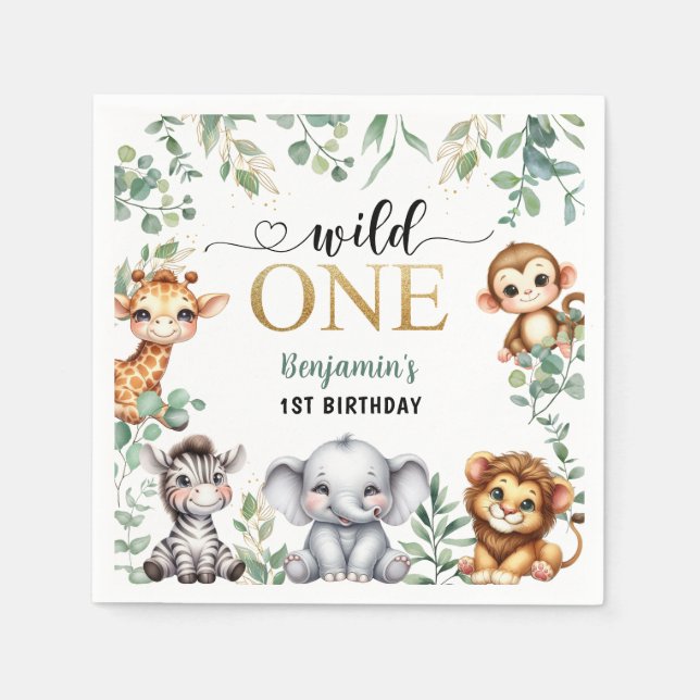 Wild One Gold Safari Jungle Animals 1st Birthday Napkins (Front)
