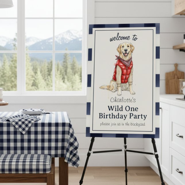 Wild One Golden Retriever 1st Birthday Gingham  Foam Board (Celebrate your wild one’s special day with this Gingham Wild One Golden Retriever 1st Birthday!)