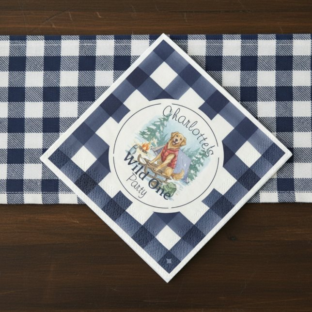 Wild One Golden Retriever 1st Birthday Gingham  Napkins (Celebrate your wild one’s special day with this Gingham Wild One Golden Retriever 1st Birthday!)