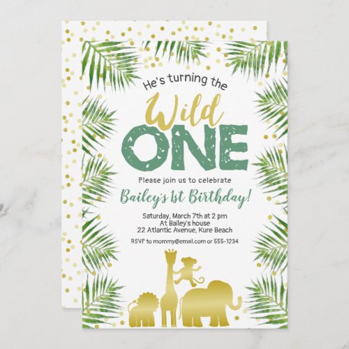 Wild One Green Gold Safari Animals 1st Birthday Invitation