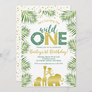 Wild One Green Gold Safari Animals 1st Birthday Invitation
