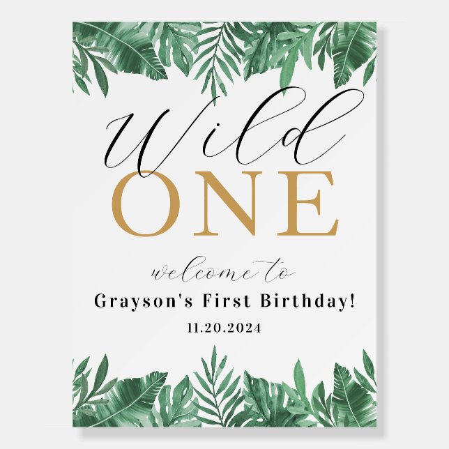 Wild One Green Leaves Welcome Birthday Party Sign (Front)